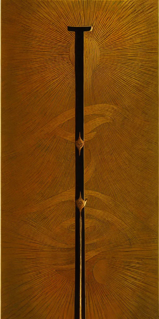 Prompt: a sword in the style of zdzisław beksinski, elegant, gold and oak inlay, sun motif, holy