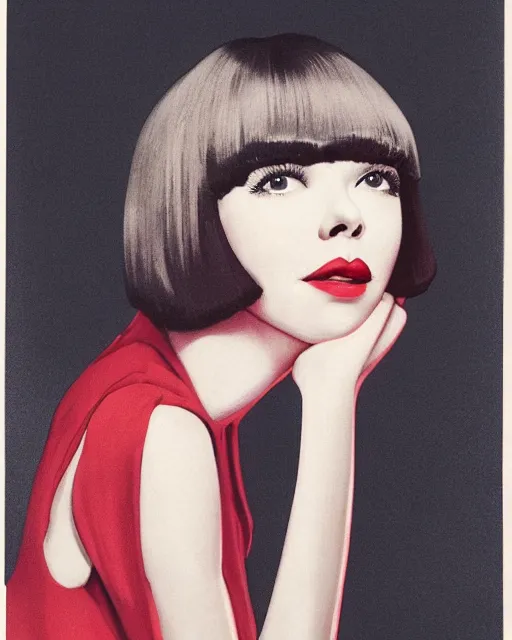 Image similar to colleen moore 2 5 years old, bob haircut, portrait casting long shadows, resting head on hands, by ross tran, reddress, 1 9 8 0 s airbrush