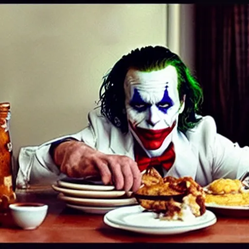 Image similar to cinematic shot of the joker sitting at a table in front of a plate of chicken and biscuits and gravy, 8 k, very detailed, very intricate,