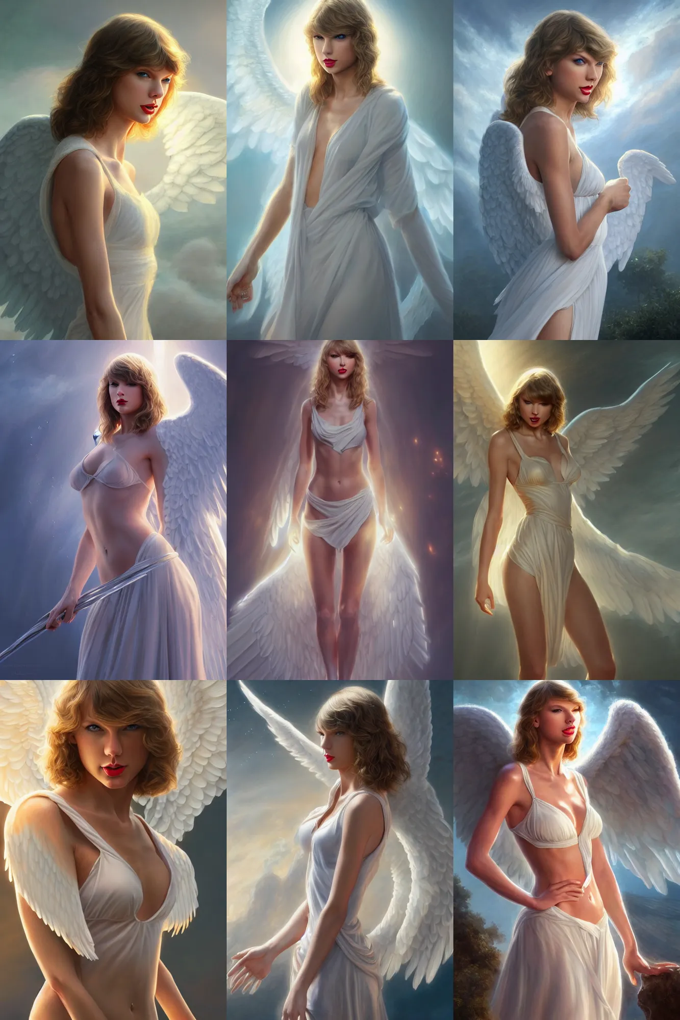 Prompt: taylor swift as a heavenly angel, anatomy, bathed in light, highly detailed, photorealistic, artstation, smooth, sharp focus, illustration, disrobed, unreal engine 5, 8 k, art by artgerm and greg rutkowski and edgar maxence