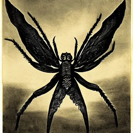 Image similar to winged spider monster with firelight body :: godly presence :: 1940 photograph