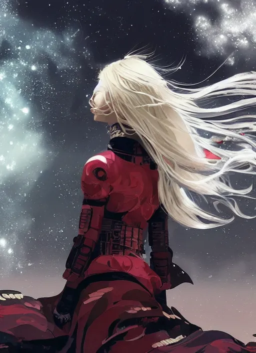 Prompt: highly detailed portrait of a young Plejaden woman with wavy blonde hair in a retro spaceship with large windows, by Dustin Nguyen, Akihiko Yoshida, Greg Tocchini, Greg Rutkowski, Cliff Chiang, 4k resolution, nier:automata inspired, bravely default inspired, vibrant but dreary red, black and white color scheme!!! ((Space nebula background))