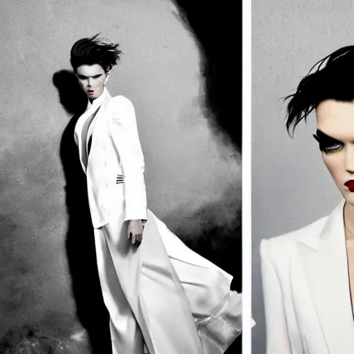 Image similar to beautiful portrait of androgynous ruby rose as desire from sandman in a white tuxedo!!!, rockabilly style,, by alphonse mucha, by jeremy mann, by peter lindbergh, cedric peyravernay, by frank moth, white suit and black tie, soft lightning, high detailed, 8 k