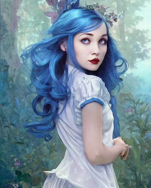 Image similar to symmetrical portrait of a pretty girl with blue hair dressed as alice and wonderland, digital painting, 8 k, concept art, art by wlop, artgerm, greg rutkowski and alphonse mucha