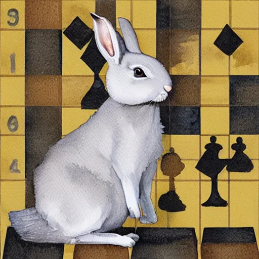 Image similar to a surprised rabbit sitting behind a chessboard, realistic watercolour