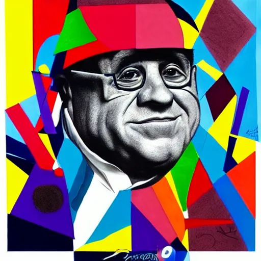 Image similar to a cubist portrait of danny devito, ultra detailed, colorful, trending on art station, masterpiece