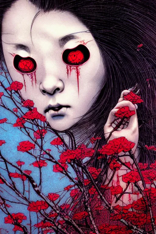 Image similar to japanese vampire girl, character portrait, portrait, close up, concept art, intricate details, highly detailed, eyes, yokai, blood, fangs, claws, cherry blossom, soft light, vintage sci - fi poster, in the style of chris foss, rodger dean, moebius, michael whelan, and gustave dore