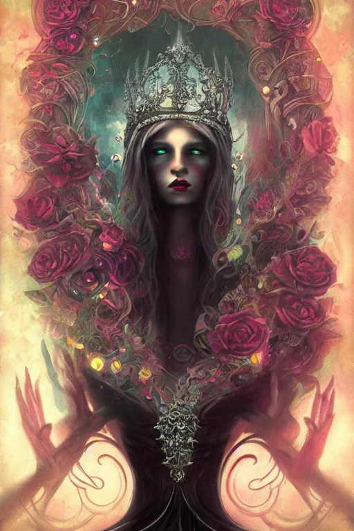 Prompt: jeweled Crown, other worldly, dark fae court, black roses, long black hair, black eyes, vivid colors, art nouveau, by Anato Finnstark, Tom Bagshaw, Brom