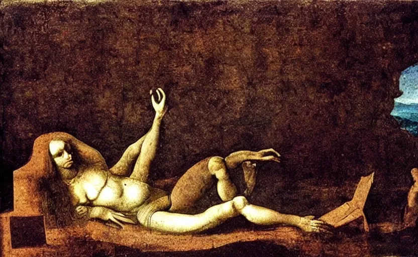 Image similar to a painting of the persistence of memory, painted by leonardo da vinci