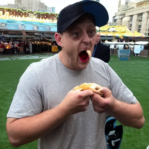 Prompt: Tim Robinson biting his hand instead of the hot dog in his hand