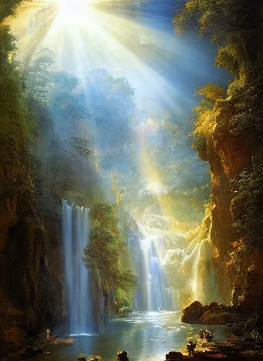 Image similar to a deep cave entrance, waterfalls, harmony of nature, infinite dawn, angelic light, sparkling dew, epic atmosphere, by asher brown durand, by yoshitaka amano