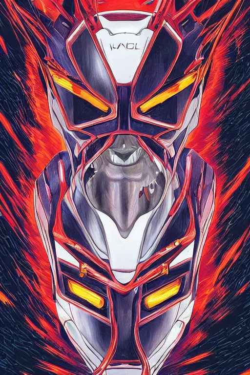 Image similar to a close - up of a evangelion head, drawn by robbie trevino and dan mumford, poster, forty - five degree perspective composition, digital art, comic art, concept art