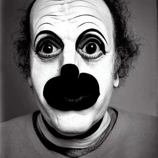 Image similar to portrait of a clown by Diane Arbus, 50mm, black and white, natural light