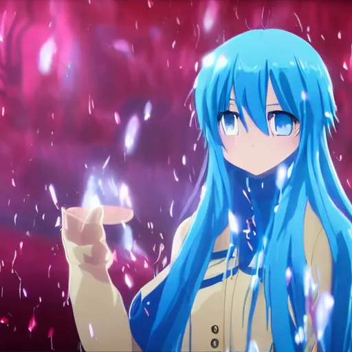 Image similar to rimuru tempest from that time i got reincarnated as a slime, with long blue hair in a ponytail, with bangs, pale skin, yellow eyes, fully clothed in red robes, highly detailed, 8 k, octane render, professional portrait, realistic, rainy window, volumetric lighting, water droplets frozen in time, sprites, god rays,