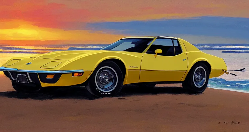 Image similar to a yellow 1979 stingray corvette at the beach at sunset, t-top, convertable,digital art,detailed,ultra realistic,art by greg rutkowski