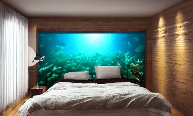 Image similar to a bedroom deep under the sea, photorealistic magazine picture, studio lighting, cozy, extremely detailed and realistic