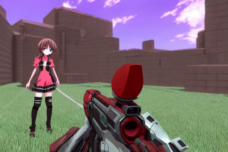 Image similar to an anime girl in a screenshot of the video game doom, the anime girl is crouching