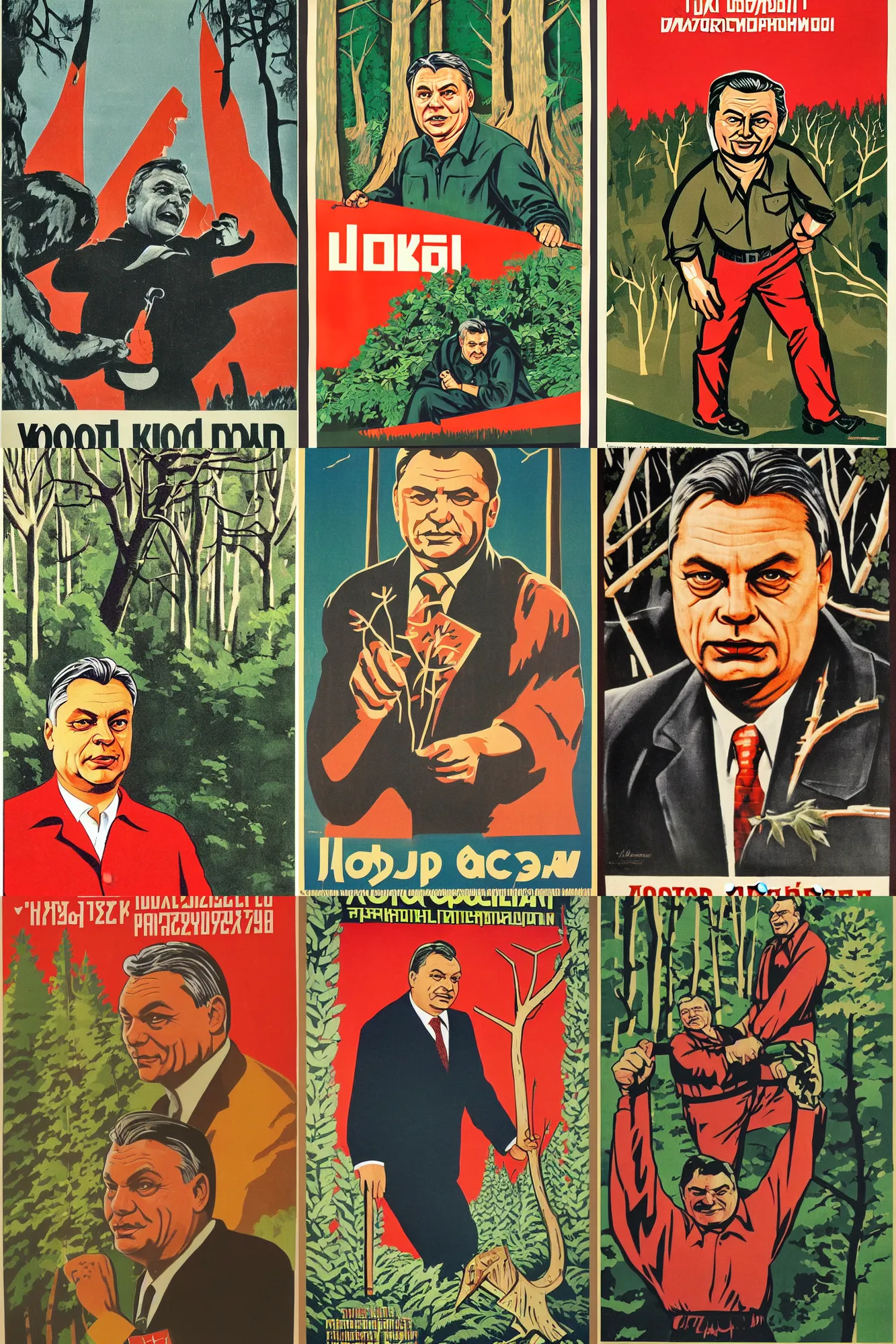 Prompt: soviet propaganda poster of viktor orban, woodchopper, forest in background
