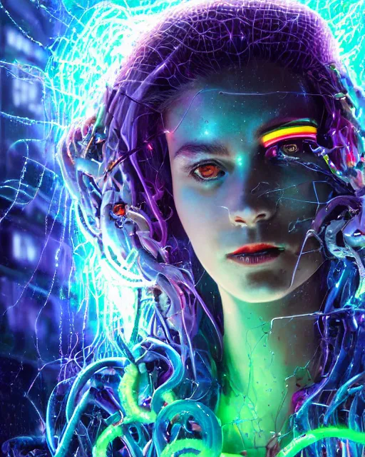 Prompt: a cyberpunk close up portrait of cyborg medusa, electricity, rainbow, snakes in hair, sparks, bokeh, soft focus, sparkling, glisten, water drops, cold, dark, geometric, temples behind her, by paul lehr, jesper ejsing