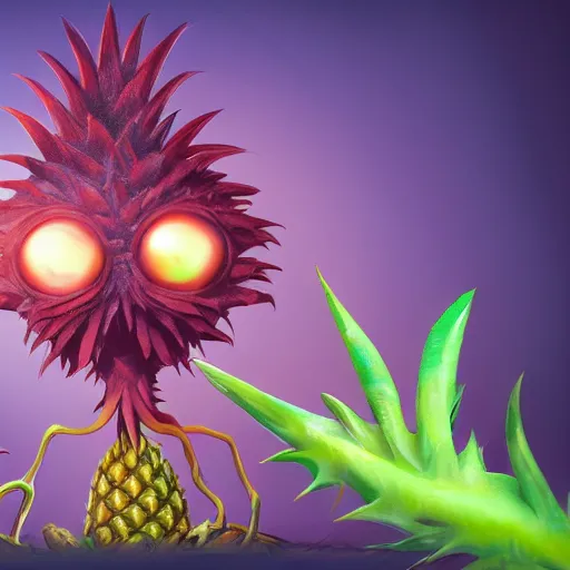 Image similar to cute anthropormorphic unusual alien pineapple creature with big eyes and leafy arms and legs character concept detailed painting 4 k