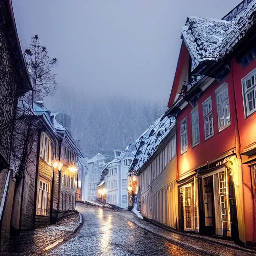 Prompt: picture of a street in bergen, norway, raining, winter