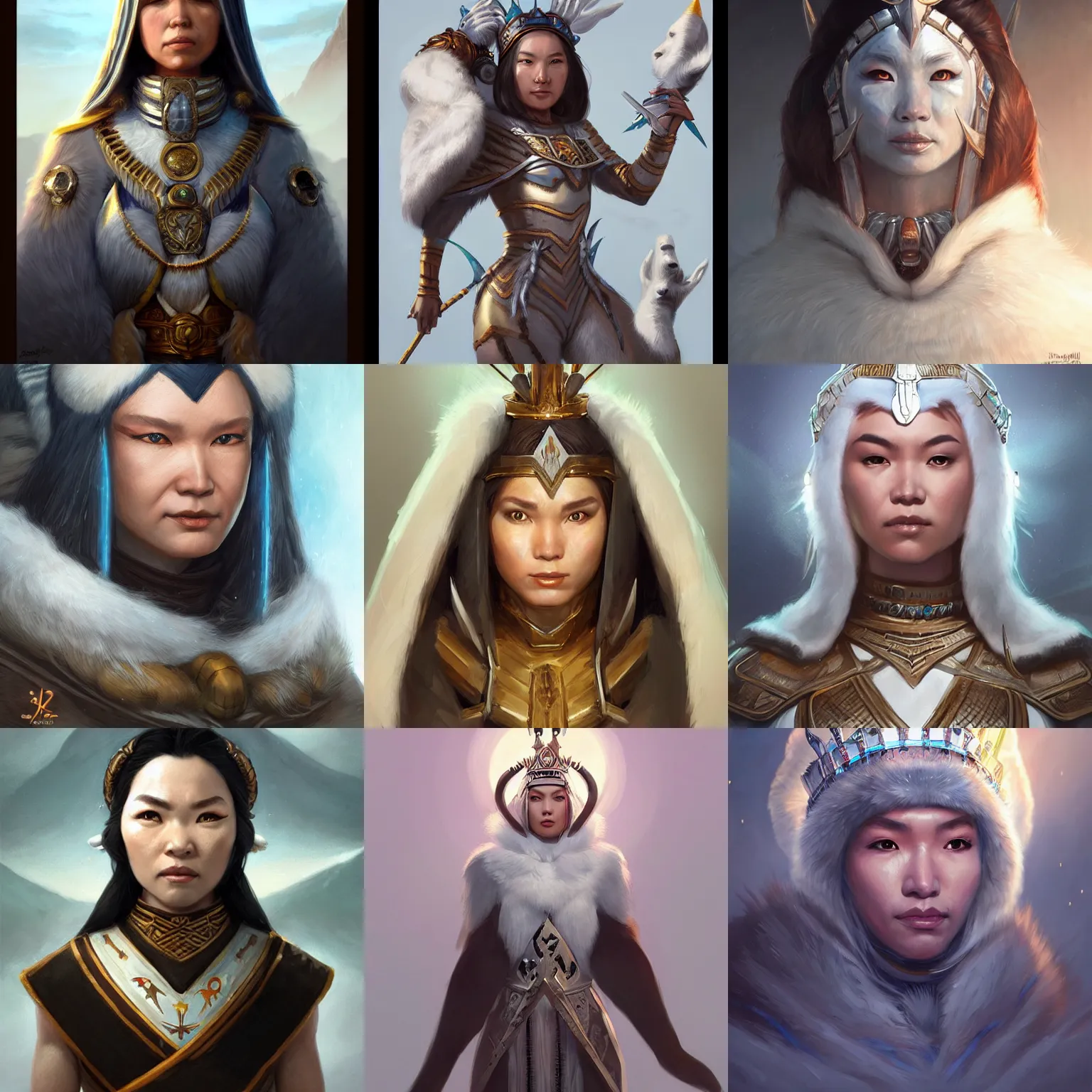 Prompt: inuit queen, D&D, fantasy, portrait, highly detailed, digital painting, trending on artstation, concept art, sharp focus, illustration, art by artgerm and greg rutkowski and magali villeneuve