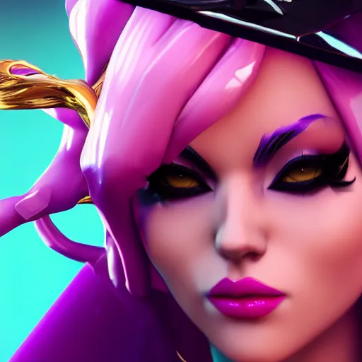 Prompt: still of pretty KDA More Miss Fortune (wild rift) close up in KDA More music video. 3d render, octane render, game art, realistic, highly detailed, trending on artstation, 4k, trending on artstation