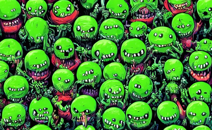 Image similar to an army of different cute green tennis ball monsters, colorful, digital art, fantasy, magic, chalk, trending on artstation, ultra detailed, detailed, fine details, professional illustration by basil gogos