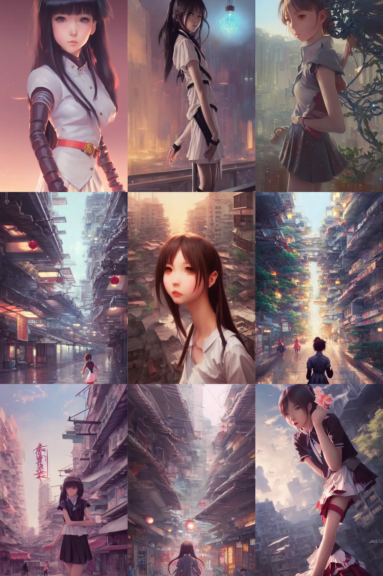 Prompt: ultra realistic beautiful kowloon terrace techno art, beautiful alluring anime school girl, sci - fi, fantasy, intricate, elegant, highly detailed, digital painting, artstation, concept art, smooth, sharp focus, illustration, art by artgerm and greg rutkowski and krenz cushart and wlop and ilya kuvshinov