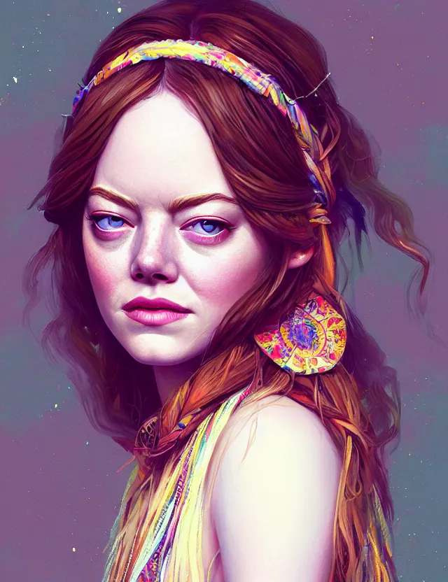 Prompt: portrait of young emma stone wearing boho clothing, hippie, long hair, groovy hairband, bangs, intricate, smooth, groovy lighting, highly detailed, digital painting, artstation, concept art, smooth, sharp focus, illustration, art by wlop, mars ravelo and greg rutkowski