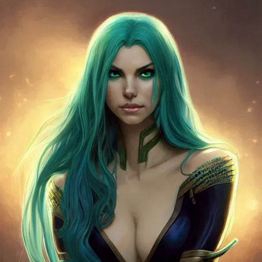 Prompt: Victoria Justice with teal hair and green eyes as Emma Frost, western, D&D, fantasy, intricate, elegant, highly detailed, digital painting, artstation, concept art, matte, sharp focus, illustration, art by Artgerm and Greg Rutkowski and Alphonse Mucha