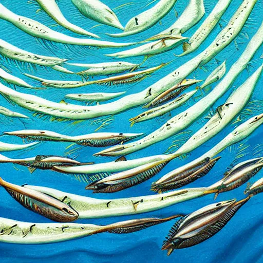 Image similar to plump anchovies build an archipelago in the sheltered waters of a warm tropical ocean, digital art