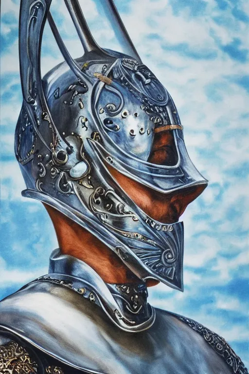 Image similar to hyperrealism oil painting, close-up portrait of medieval euopean fashion model, knight, steel gradient mixed with water swirls sky, in style of baroque mixed with 70s japan book art