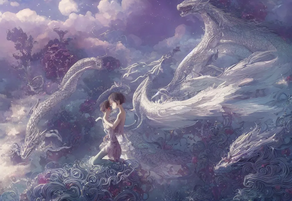 Image similar to the beautiful hyper detailed scene render that a lonely single beautiful girl lies in the arms of a huge silver dragon alone in the fairyland surrounded by white clouds, in the style of makoto shinkai victo ngai and peter mohrbacher studio ghibli artgerm karol bak beeple, cinematic, absolutely beautiful, ultra wide angle, animation style, 8 k hd