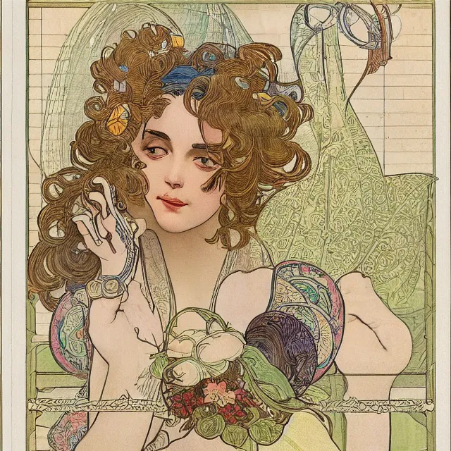 Image similar to detailed, intricate technical drawings on parchment from 1 8 4 0, accented with color, with labels and notes, for a beautiful, symmetric, art deco android hand, by ron cobb and alphonse mucha