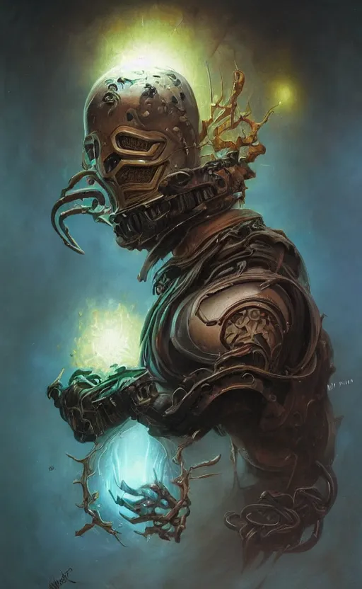 Prompt: dark horror cosmic mf doom glowing bright eyes, platinum skin, centered, digital painting, artstation, concept art, smooth, sharp focus, illustration, artgerm, tomasz alen kopera, peter mohrbacher, donato giancola, joseph christian leyendecker, wlop, frank frazetta