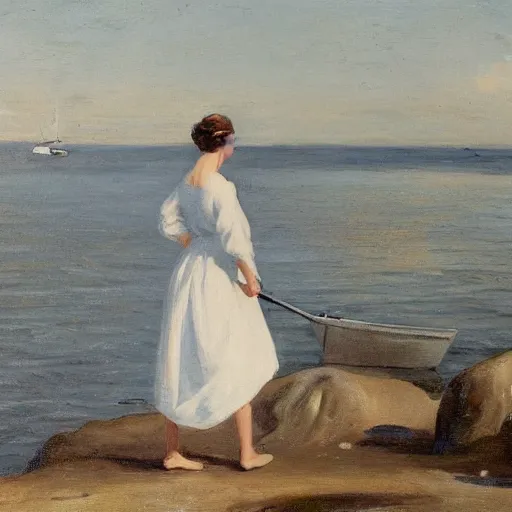 Image similar to a young woman wearing a white dress on a Swedish beach, a small rowboat is visible, in the style of zorn