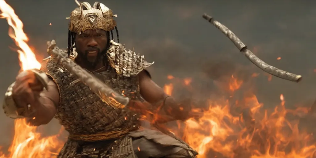 Image similar to a film still of a black man starring in a japanese blockbuster film as ancient evil samurai with fire powers, shallow depth of field, cinematic, award winning cgi, vfx, film still
