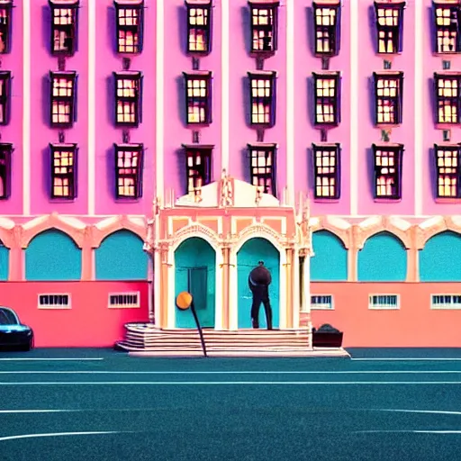 Image similar to Symmetric Wes Anderson film still in big city late at night. Establishing shot. Architecture. 8k resolution. Pastel. Sharp. Whimsical. Symmetry. Stunning.