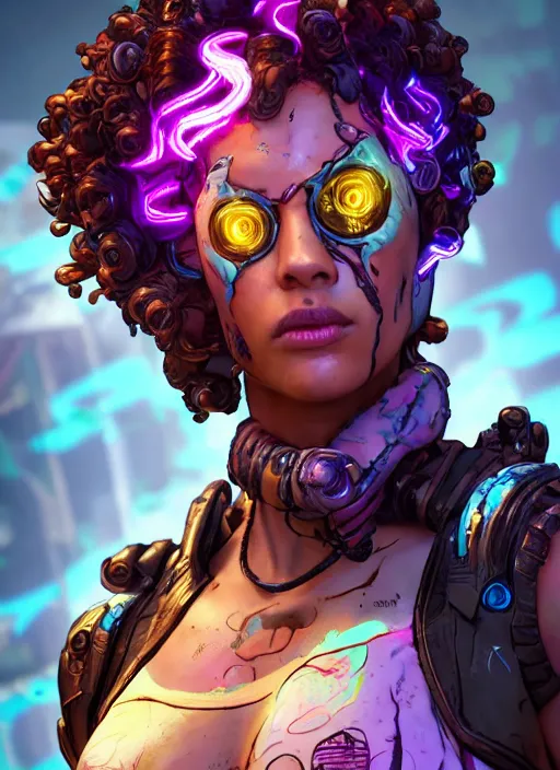 Image similar to glowwave portrait of curly hair muscular girl from borderlands 3, au naturel, hyper detailed, digital art, trending in artstation, cinematic lighting, studio quality, smooth render, unreal engine 5 rendered, octane rendered, art style by klimt and nixeu and ian sprigger and wlop and krenz cushart.