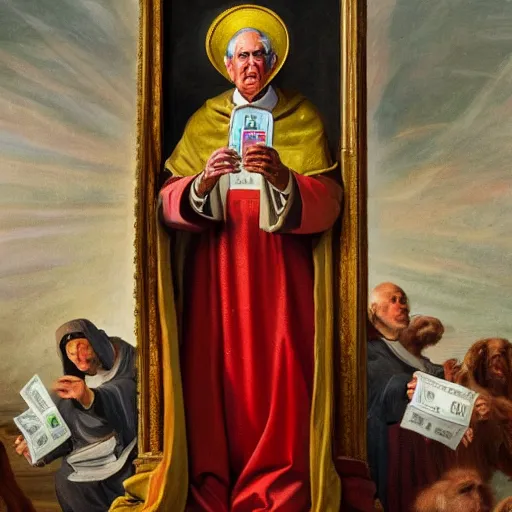 Image similar to pope jerome powell, wearing the pope hat, holding wad of money, patron saint of money printers, illuminated by the light of heaven, 8k, 4k, oil painting, award winning portrait of his holiness jerome powell, masterpiece