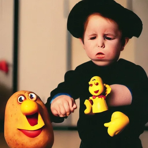 Image similar to a photograph of charles michel playing with mister potato head, by annie liebowitz