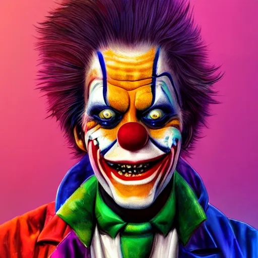 Image similar to willem dafoe wearing bizarre clown makeup, and intricate clown costume, by rossdraws, vivid colors, soft lighting, digital artwork, uhd, best of artstation