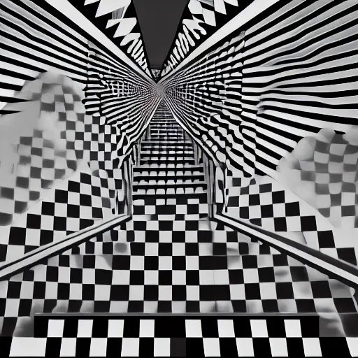 Image similar to A black and white freemasonic chequered surrealist digital painting of a stairway to into the clouds in the art style of jeff koons, Gilbert williams, Edwin Frederic Church and Christopher Balaskas, trending on artstation, 4k UHD