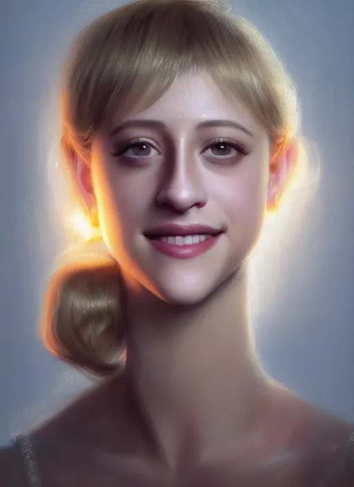 Image similar to portrait of lili reinhart with fluffy bangs, smiling kindly, bangs, 1 9 6 0 s, ponytail, curly bangs and ponytail, intricate, elegant, glowing lights, highly detailed, digital painting, artstation, concept art, smooth, sharp focus, illustration, art by wlop, mars ravelo and greg rutkowski