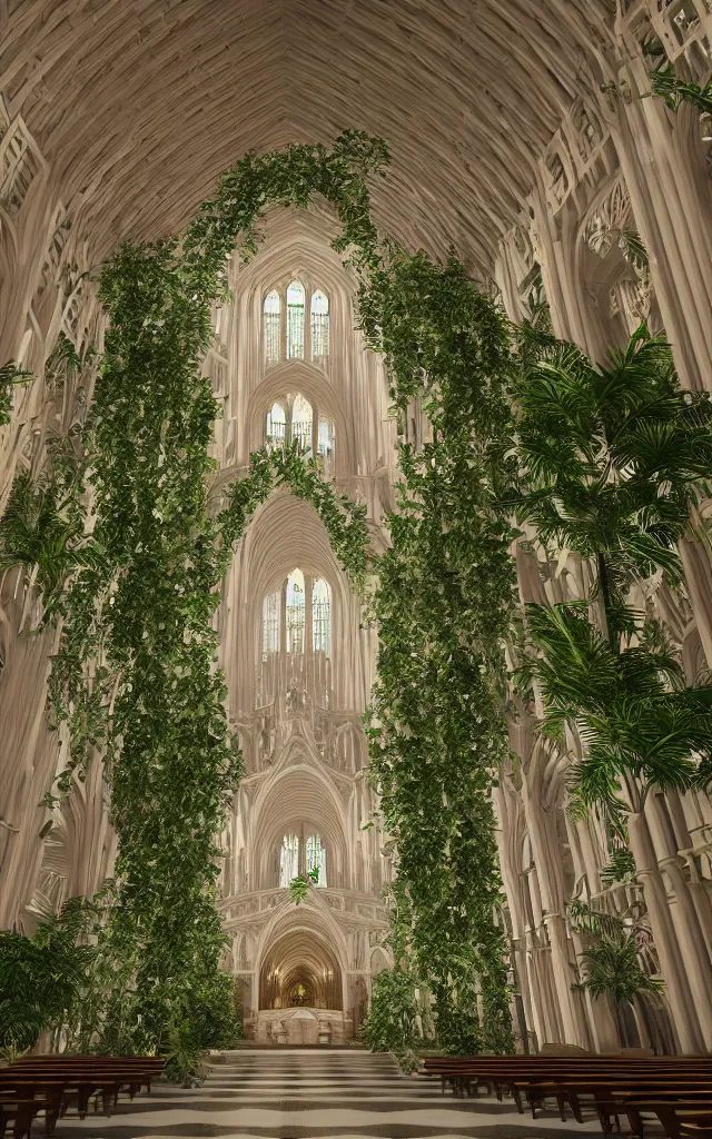 Image similar to beautiful grand cathedral interior with!! koi pond!! in the! middle! surrounded by palm trees, ivy,!! flowers!!, ( tropical plants ),!! roses!!, and with archways, rendered in octane render with photorealistic volumetric cinematic lighting, wide angle, horizontal symmetry, symmetrical! 8 k