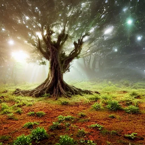 Prompt: spectacular, fantastic, spuky, fabulous tree standing in a thickly vegetated, sombre forest in a fantasy world, dreamlike light incidence, sunraise, ultrarealistic, eerie, onimous