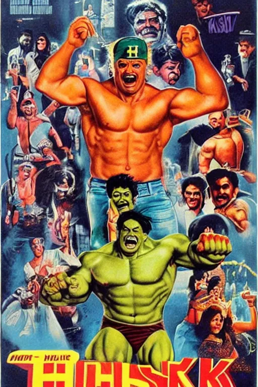 Image similar to vintage movie poster 1 mil $ kulk, hulk hogan, bollywood, india, gishnu, 1 9 8 2, drew struzan inspiration