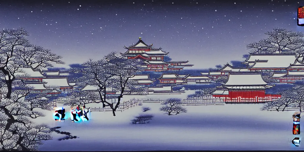 Prompt: chinese town in winter moonnight by hiramatsu reiji and masayasu uchida