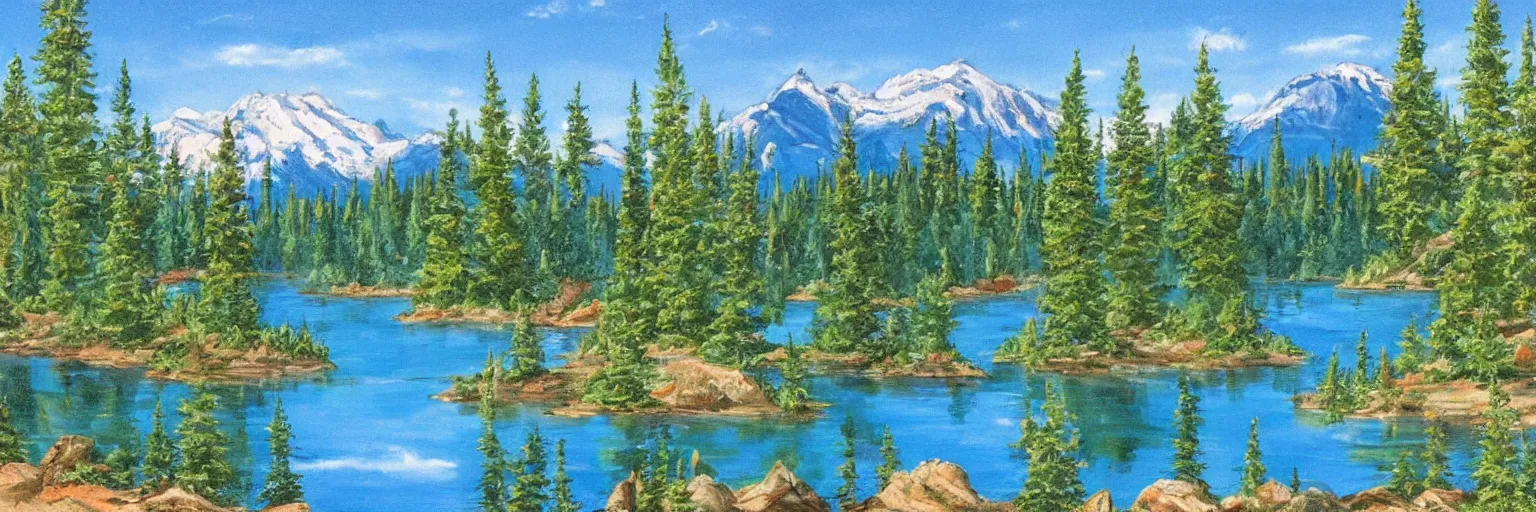 Image similar to a lake surrounded by pine trees with mountains in the background painted by Bob Ross